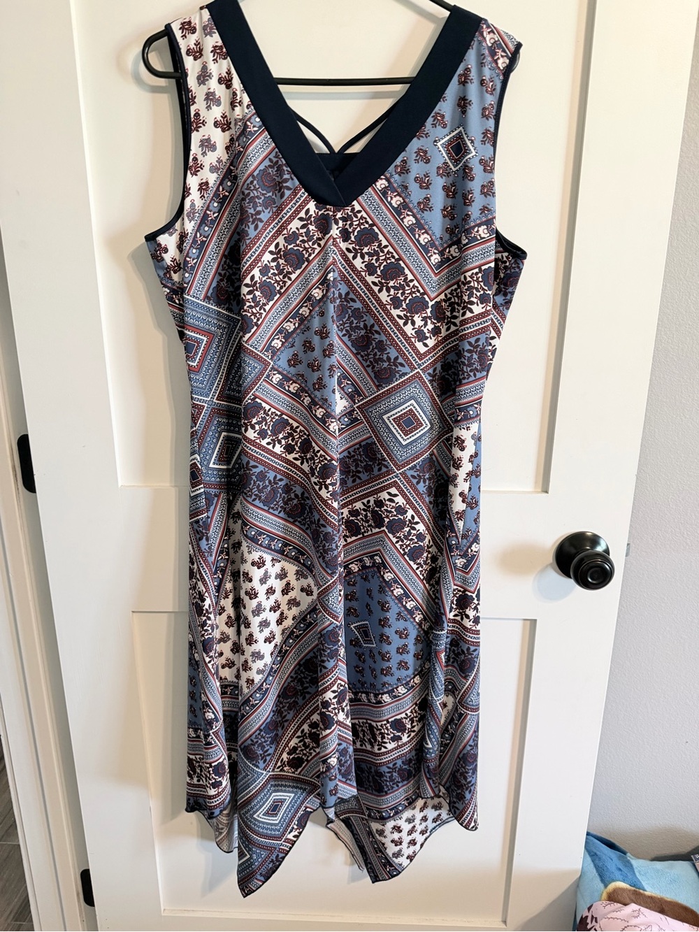 Perseption Sleeveless V-Neck Midi Dress in Blue and White
